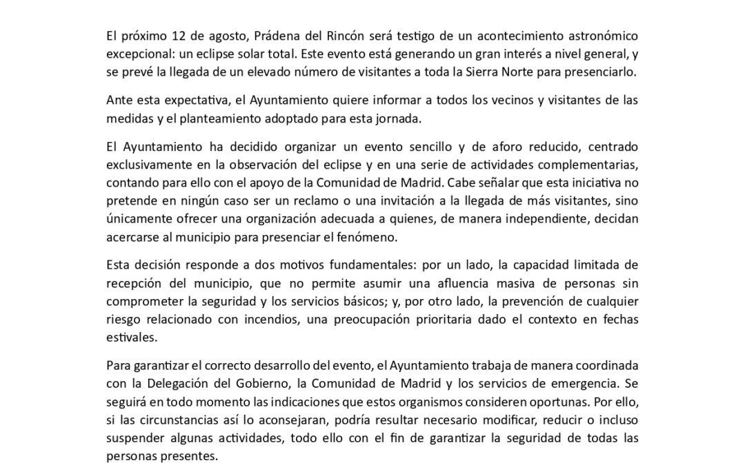 COMUNICADO INFORMATIVO ECLIPSE SOLAR EN PRÁDENA DEL RINCÓN 12 DE AGOSTO