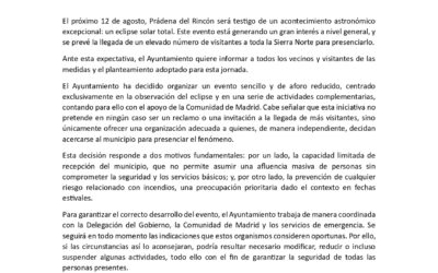 COMUNICADO INFORMATIVO ECLIPSE SOLAR EN PRÁDENA DEL RINCÓN 12 DE AGOSTO